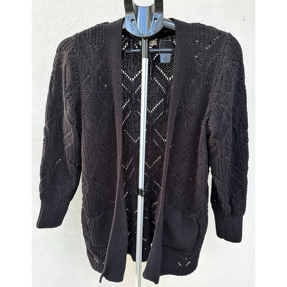 EUC Maurice’s Diamond Stitch Pocket Cardigan, Black, Size L, Open Front